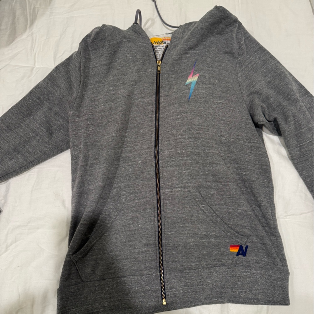 Aviator Nation Gray Hoodie with Rainbow Bolt